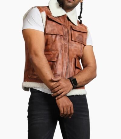 Men Brown Vintage Flap Pocket Faux Fur Leather Vest
