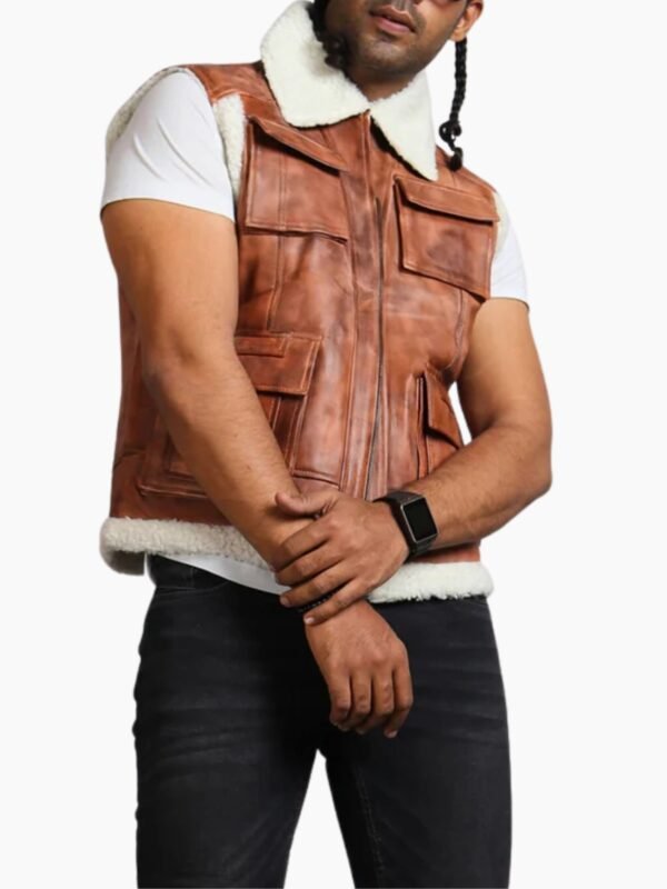 Men Brown Vintage Flap Pocket Faux Fur Leather Vest