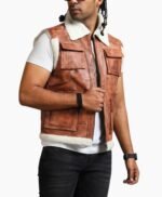 Men Brown Vintage Flap Pocket Faux Fur Leather Vest