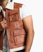 Men Brown Vintage Flap Pocket Faux Fur Leather Vest