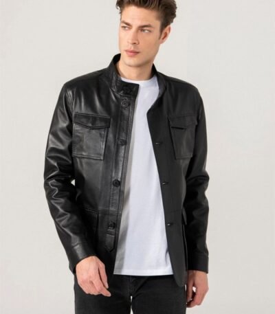 Men Sports Black Leather Jacket