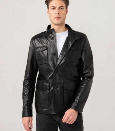 Men Sports Black Leather Jacket