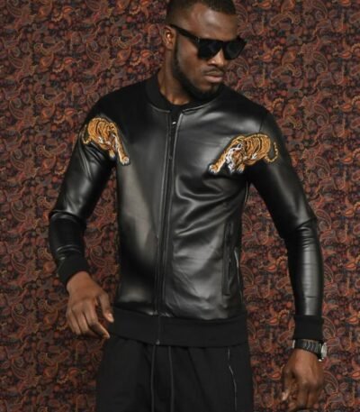 Men Tiger Bomber Leather Jacket