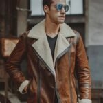 Mens Aviator Distress Brown Shearling Bomber Style Jacket