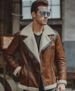 Mens Aviator Distress Brown Shearling Bomber Style Jacket