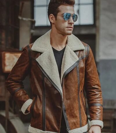 Mens Aviator Distress Brown Shearling Bomber Style Jacket