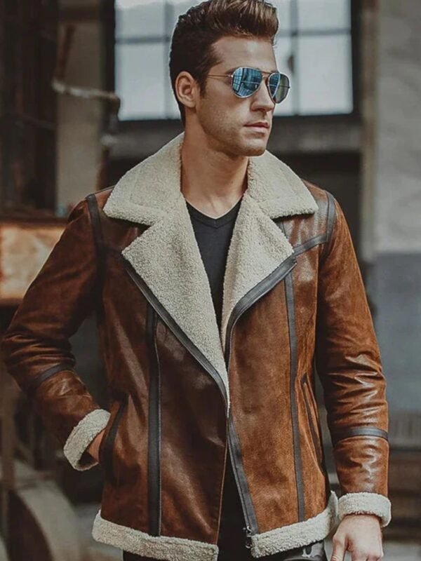 Mens Aviator Distress Brown Shearling Bomber Style Jacket