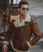 Mens Aviator Distress Brown Shearling Bomber Style Jacket