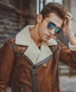 Mens Aviator Distress Brown Shearling Bomber Style Jacket