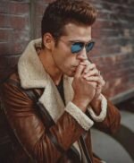 Mens Aviator Distress Brown Shearling Bomber Style Jacket