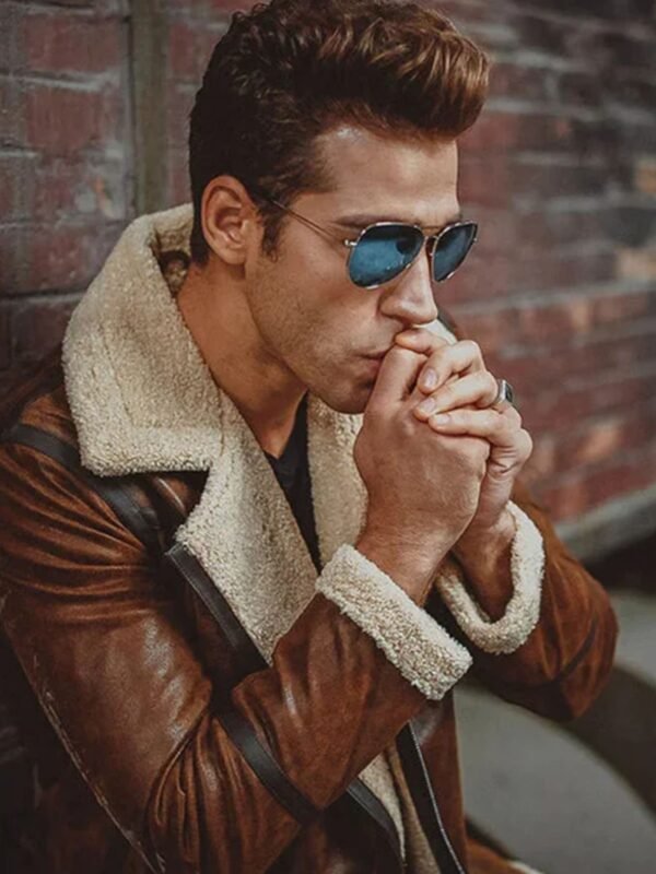 Mens Aviator Distress Brown Shearling Bomber Style Jacket