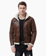 Mens Biker Shearling Bomber Distressed Brown Leather Jacket