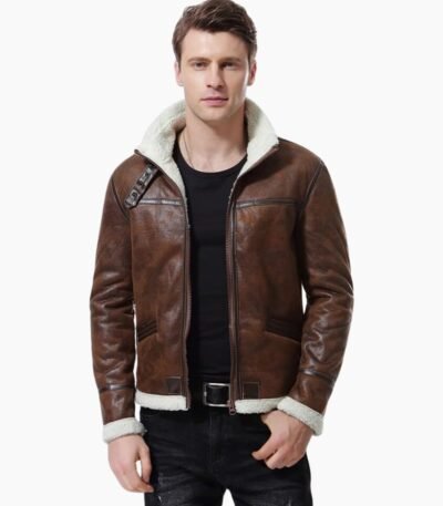 Mens Biker Shearling Bomber Distressed Brown Leather Jacket