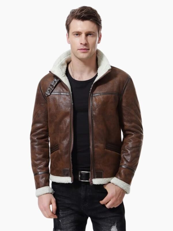 Mens Biker Shearling Bomber Distressed Brown Leather Jacket