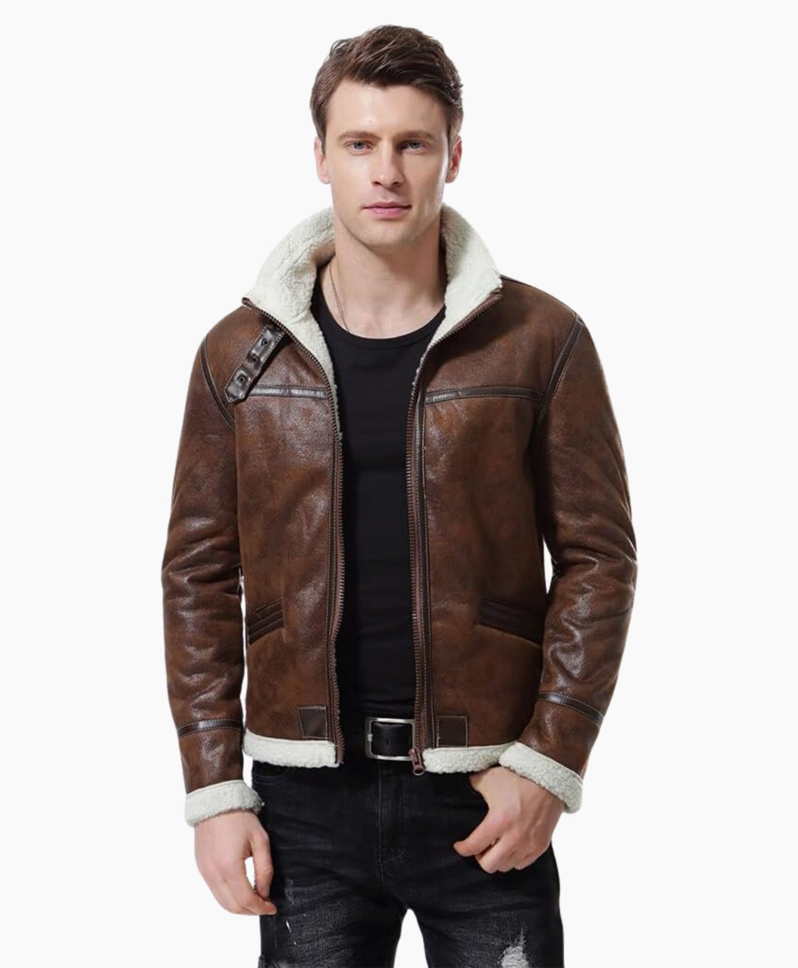 Mens Biker Shearling Bomber Distressed Brown Leather Jacket Mens Biker Shearling Bomber Distressed Brown Leather Jacket
