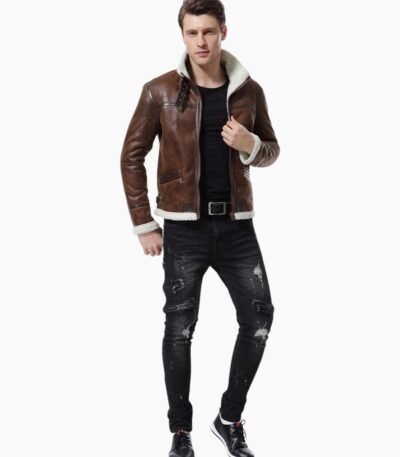 Mens Biker Shearling Bomber Distressed Brown Leather Jacket