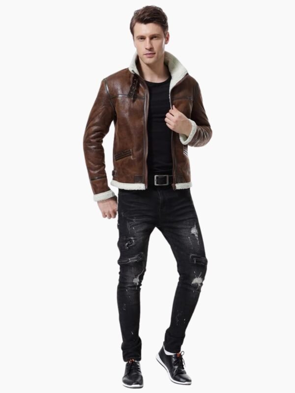 Mens Biker Shearling Bomber Distressed Brown Leather Jacket