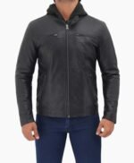 Mens Black Cafe Racer Leather Jacket with Removable Hood