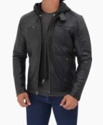Mens Black Cafe Racer Leather Jacket with Removable Hood