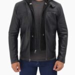 Mens Black Cafe Racer Leather Jacket with Removable Hood