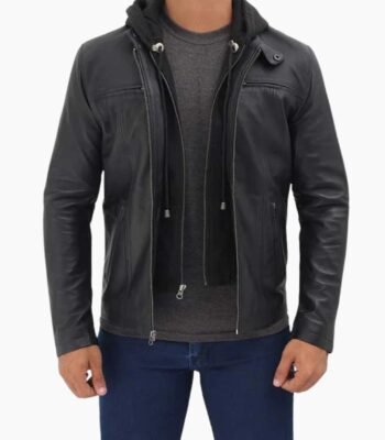 Mens Black Cafe Racer Leather Jacket with Removable Hood