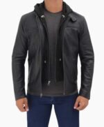 Mens Black Cafe Racer Leather Jacket with Removable Hood
