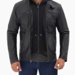 Mens Black Cafe Racer Leather Jacket with Removable Hood