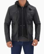 Mens Black Cafe Racer Leather Jacket with Removable Hood