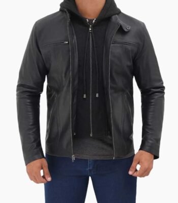 Mens Black Cafe Racer Leather Jacket with Removable Hood