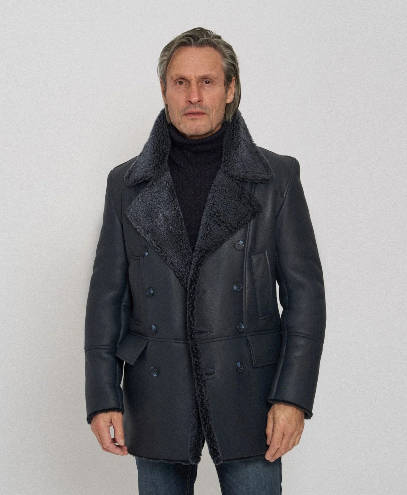 Men's Black Classic Faux Fur Style Leather Coat Men's Black Classic Faux Fur Style Leather Coat