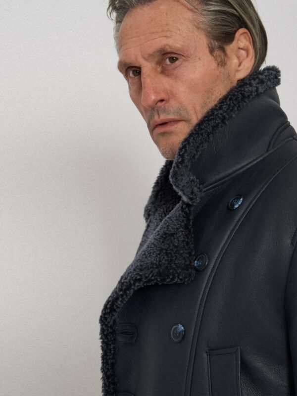 Men's Black Classic Faux Fur Style Leather Coat