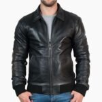 Mens Black Leather Bomber Jacket