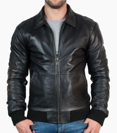 Mens Black Leather Bomber Jacket