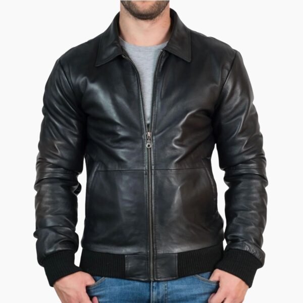 Mens Black Leather Bomber Jacket