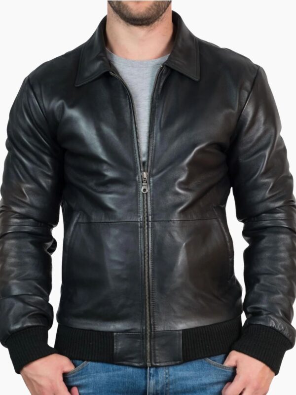 Mens Black Leather Bomber Jacket