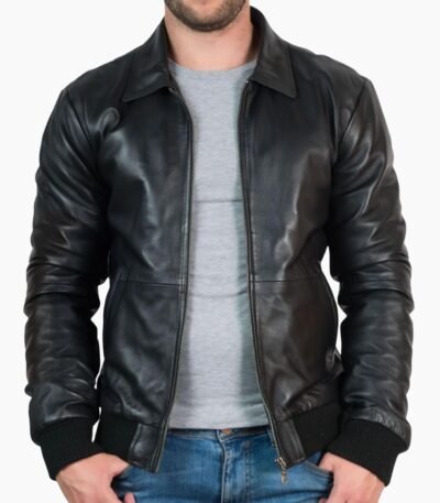 Mens Black Leather Bomber Jacket