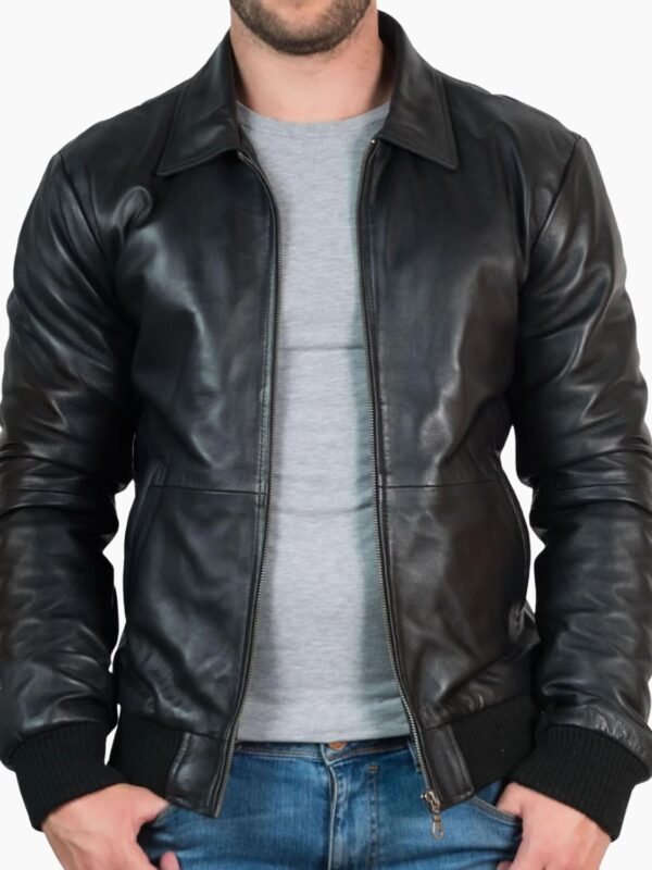 Mens Black Leather Bomber Jacket