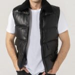 Mens Black Leather Puffer Vest