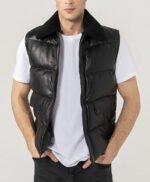 Mens Black Leather Puffer Vest