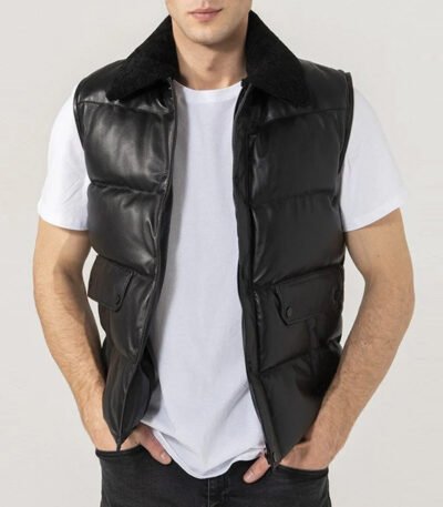Mens Black Leather Puffer Vest