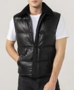 Mens Black Leather Puffer Vest
