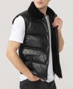 Mens Black Leather Puffer Vest