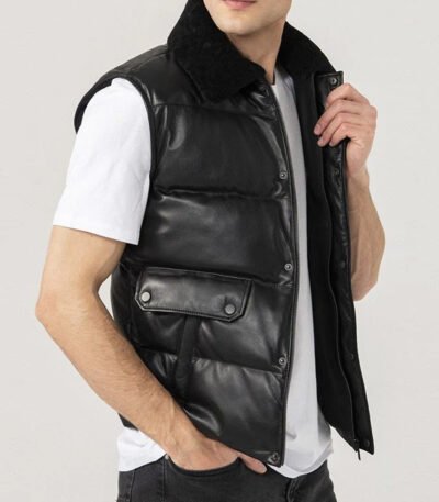 Mens Black Leather Puffer Vest