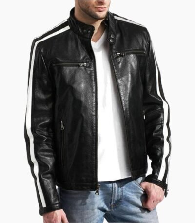 Men's Black Leather White Stripe Moto Racer Style Jacket