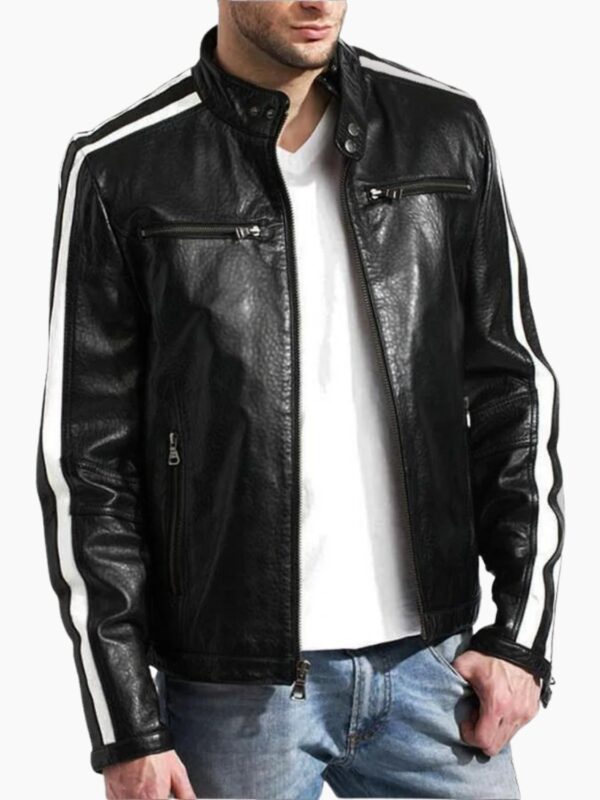 Men's Black Leather White Stripe Moto Racer Style Jacket