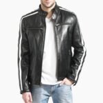 Men's Black Leather White Stripe Moto Racer Style Jacket