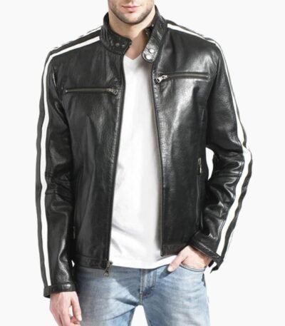 Men's Black Leather White Stripe Moto Racer Style Jacket