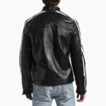 Men's Black Leather White Stripe Moto Racer Style Jacket