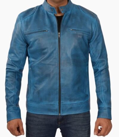 Men's Blue Lambskin Leather Cafe Racer Jacket