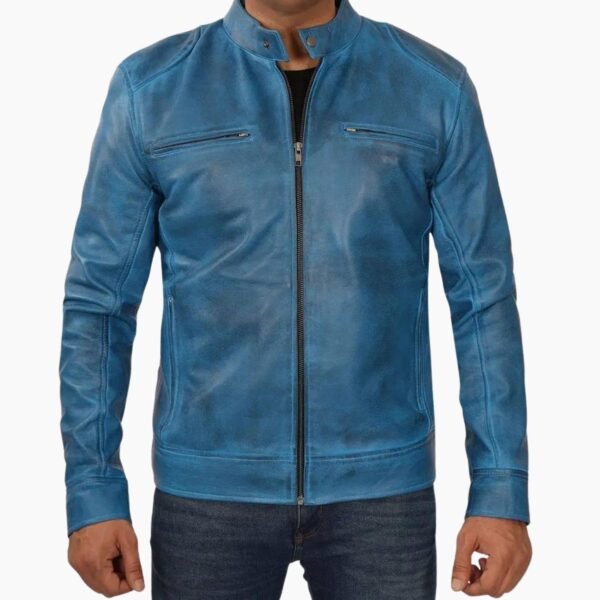 Men's Blue Lambskin Leather Cafe Racer Jacket
